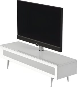 Meuble audio-vidéo Sonorous STA363 blanc laqué, vue en perspective avant droite légèrement en plongée, structure rectangulaire à dessus brillant avec support central pour téléviseur, panneau frontal gris et quatre pieds métalliques effilés