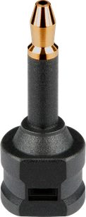 Konektor jack 3,5 mm pozlacený na matném černém plastovém kuželovitém konci optického audio kabelu v černé barvě