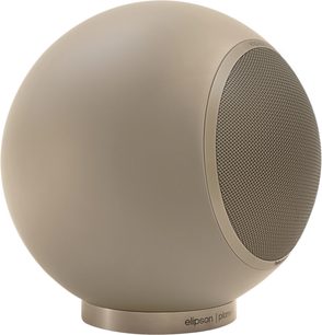 Elipson Planet L Performance mat beige højttaler med sfærisk form, cirkulært metalgitter og flad base