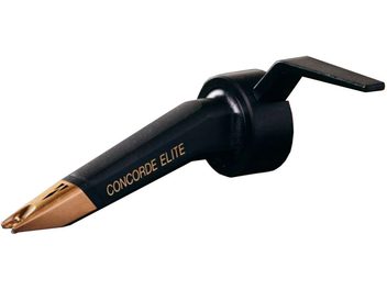 Cápsula para tocadiscos de DJ Ortofon Concorde Elite, cuerpo negro mate, punta de lectura dorada, vista de perfil sobre fondo blanco