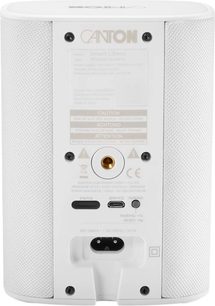 Witte matte Canton Smart Libero connected luidspreker, achteraanzicht met aansluitingen en witte zijroosters