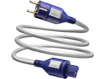 IsoTek EVO3 Sequel 2m blauwe voedingskabel met vergulde connectoren, bestaande uit drie grijze gevlochten geleiders