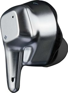 Hifiman Svanar Wireless Bluetooth kõrvasisene kõrvaklapp, hõbedane metallisulamist korpus, nurgeline disain lühikese varrega, millel on mikrofoniauk ja diskreetne logo, must silikoonotsik, vaade kolmest veerandist