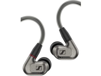Sennheiser IE 600 in-ear hodetelefoner, metallgrå ørepropper, svarte øretupper, flettet kabel, frontvisning