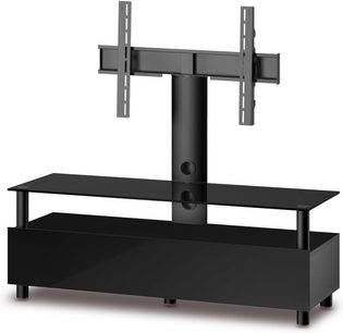 Sort TV-møbel med integreret TV-stander, 2 åbne hylder og firkantede sorte metalben, set forfra