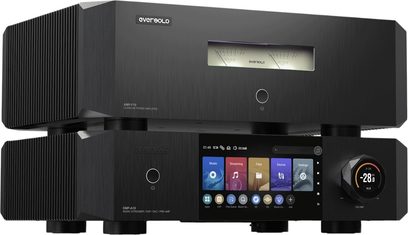 EverSolo AMP-F10 und DMP-A10 Hi-Fi-Verstärker, Vorderansicht, schwarzes Gehäuse, Touchscreen, Drehknopf