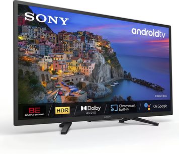 Sony KD32W800P1 televizyon, siyah, ince plastik çerçeve, üç çeyrek açıdan görünüm, V şeklinde iki ayak, ekranda Android TV ve HDR logoları