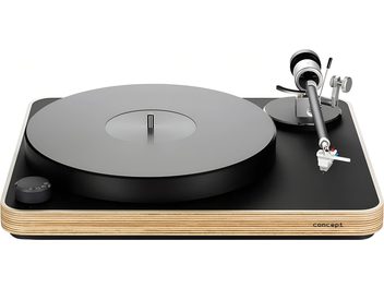 Platine vinyles hi-fi ClearAudio Pack concept virtuoso, vue de face, plateau noir, bras de lecture argenté, socle en bois stratifié