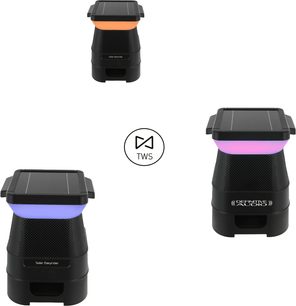 Přenosný Bluetooth reproduktor Definitive Audio Solar Easyrider, pohled zepředu, tři kusy, zářivé barvy oranžová, modrá, fialová, černá mřížka, solární panel na horní straně, logo TWS uprostřed
