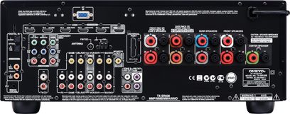 Onkyo TX-SR608 domači kino ojačevalnik, zadnja stran, avdio/video priključki, HDMI, komponentni, optični, koaksialni, zvočniki