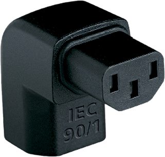 Černý matný plastový konektor IEC 90° s vyraženým označením "IEC 90/1" pro síťový napájecí kabel