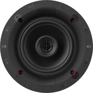 Klipsch DS-160-CDT Sky Hook indbygget højttaler, frontvisning, cirkulær form, sort centralhøjttaler, 4 røde monteringsbeslag rundt om