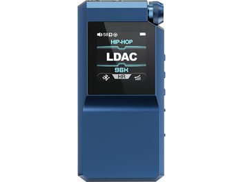 Front view of the FiiO BTR17 wireless transmitter in blue aluminum, square color display showing LDAC, beveled front base, knurled volume wheel at the top right corner