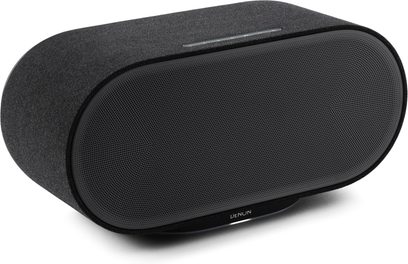 Vernetzter Lautsprecher Denon Home 600 in Anthrazit, Vorderansicht mit schwarzem Gitter und Bedienelementen auf der Oberseite