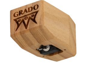 Célula hi-fi Grado Platinum 4 com acabamento em madeira clara vista por baixo com ponta de leitura visível