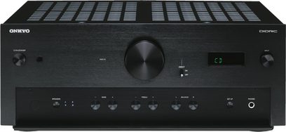Hi-fi stereo zesilovač Onkyo A-9070 černý, pohled zepředu, čelní panel v černé barvě se stříbrnými tlačítky a ovladačem, červený LED displej