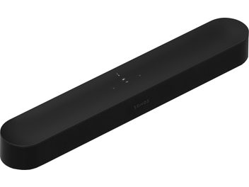 Soundbar Sonos Beam (Gen 2) negru mat, vedere frontală, formă alungită rectangulară cu colțuri rotunjite, grilă neagră