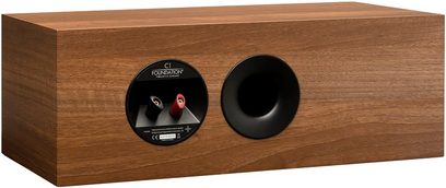 Centrální reproduktor MartinLogan Foundation C1 v ořechovém provedení, pohled zepředu, černé výškové a basové reproduktory na obdélníkové dřevěné skříni
