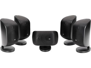 Svart kompakt B&W M1 MK2 5.0 högtalarsystem, 1 center och 4 satelliter, på stativ, framifrån