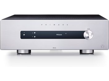 Primare SPA25 silver home theater amplifier, sleek front panel, black and silver buttons, brushed metal chassis