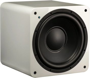 Caisson de grave SVS SB-1000 blanc laqué, vue de face, haut-parleur noir circulaire central, boutons et ports sur le côté