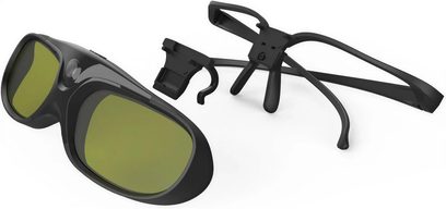 Black XGIMI active 3D glasses, large green lenses and foldable temples in exploded view