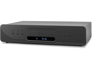 Høykvalitets CD-spiller Atoll Electronique DR200 Evolution svart, sett forfra, rektangulært kabinett, sentralt digitalt display, sirkulære knapper til venstre og høyre, diskspalte over skjermen