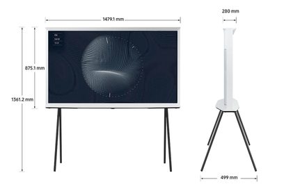 Samsung The Serif QE65LS01BB 2022 65 tommer, flad skærm, trefodsstativ, frontvisning med dimensioner