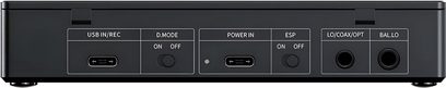FiiO DM15 R2R CD-Player schwarz, Rückansicht mit USB-C-Anschlüssen, Audioausgängen und Schaltern