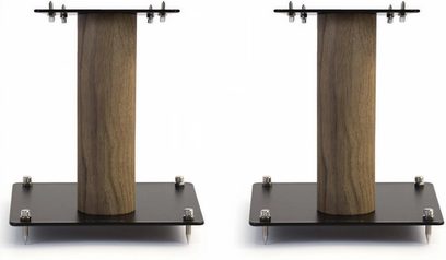 To cylinderformede højttalere i mørkt træ, Norstone Design Stylum S eg, på et sort, firkantet fod, set forfra