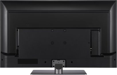 Televizor Panasonic TV-50W83AEG s vysokým rozlišením, pohled zezadu, černý rám, středový stříbrný obdélníkový stojan
