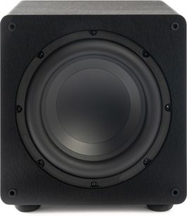 Subwoofer Paradigm Essentials Sub 10 văzut din față, carcasă neagră cu un difuzor circular central înconjurat de șuruburi