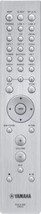 Telecomando Yamaha RAX33 con pulsanti per controllare un amplificatore o un sintonizzatore: volume, ingresso, preselezioni, opzioni audio