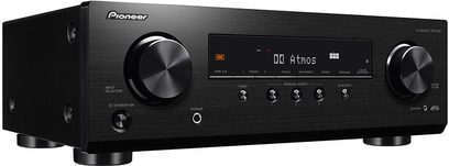 Amplificador home theater Pioneer VSX-534 preto, painel frontal com botões, botões giratórios, visor, entradas para fone de ouvido e microfone