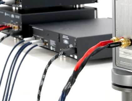 Rood en zwart Inakustik luidsprekerkabel aangesloten op een Audiovector luidspreker en een hi-fi versterker