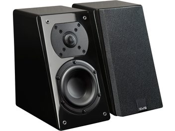 Melni lakoti SVS Prime Elevation Dolby Atmos skaļruņi trapecveida formā ar melnu režģi, kas aizsargā skaļruņus