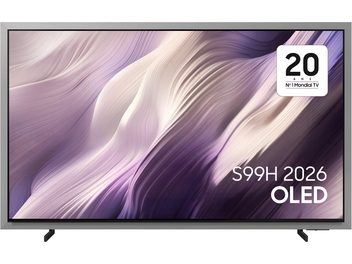 Samsung TQ65S99H 2026 OLED -televisio edestä katsottuna, ohuilla reunoilla varustettu näyttö violetilla abstraktilla kuvalla ja mustat jalat