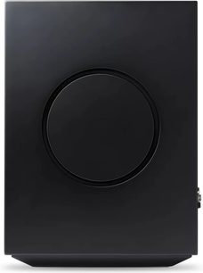 Zwarte Cambridge Audio L/R M slimme luidspreker, vooraanzicht, strak rechthoekig design met centrale cirkel