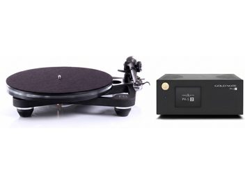 Platine vinyle Rega P8 noire avec bras de lecture et préamplificateur phono Gold Note PH-5 2 noir à écran frontal