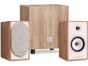 Set di diffusori da scaffale Triangle con subwoofer, finitura in legno chiaro e frontali bianchi