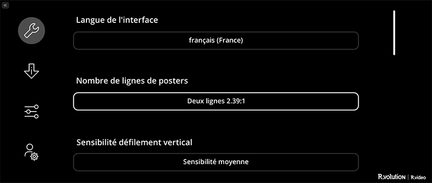 Interface de configurações R.video em francês com opções de idioma, número de linhas de posters e sensibilidade de rolagem