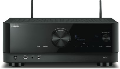 Yamaha RX-V4A sort hjemmebiografsforstærker, set forfra, blåt LED-display, kontrolknapper og drejeknapper på forsiden
