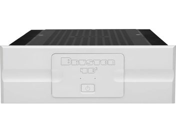 Amplificateur de puissance haute-fidélité Bryston 4B³ blanc face avant avec boîtier blanc et grille supérieure noire
