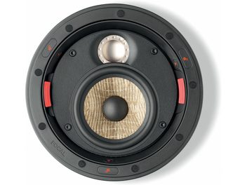Ceiling-mounted speaker 300 ICW4, front view, circular shape, textured beige central cone, metallic tweeter, black frame