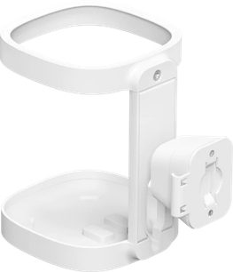 Vit väggmontering för Sonos-högtalare, framifrån och från sidan, i plast, med rundad form och fästen