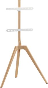 Norstone Pro Vision Wood TV-stativ i lyst træ med slankt trefodsstativ, central søjle og to hvide perforerede metalplader til montering, set forfra