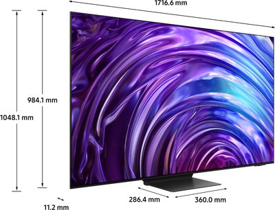 Samsung F-TQ77S95D-BF højdefinitions-tv, bredskærm, set fra trekvart vinkel, abstrakt lilla mønster, rektangulær sokkel