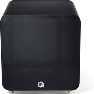 Q Acoustics Q SUB100 matte black cubic subwoofer with wooden enclosure, full front grille, rounded corners, centered white Q logo at the bottom, resting on two metal conical feet, front view