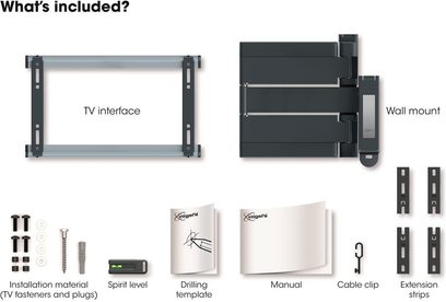 Vægbeslag THIN 546 fra Vogel's med TV-interface, vægmonteringsdele, vaterpas, boresjablon, manual, kabelbindere og forlængere