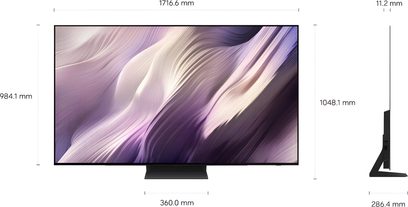 Televisore Samsung TQ77S95H a schermo piatto nero, vista frontale e laterale con piedistallo centrale e bordi sottili